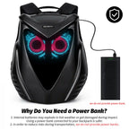 Safety guide for Gelrova LED backpack explaining USB power bank connection requirement (battery not included for safer transport).