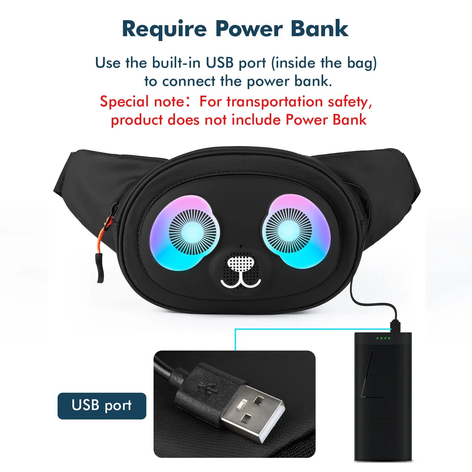 Close up of the built-in USB port on the Gelrova LED crossbody bag connecting to an external power bank for power.