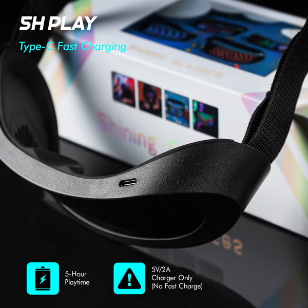 Close-up of the USB-C charging port on Gelrova LED glasses. Rechargeable battery offers up to 5 hours of playtime for parties.