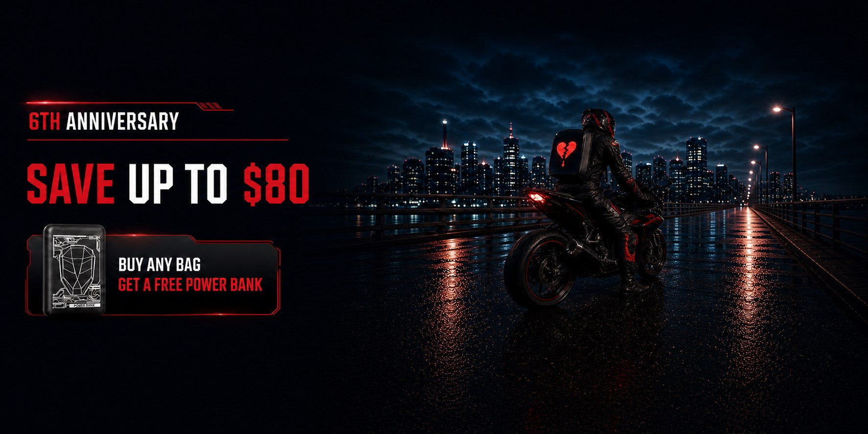 Gelrova LED motorcycle backpack 6th anniversary sale desktop banner with free power bank