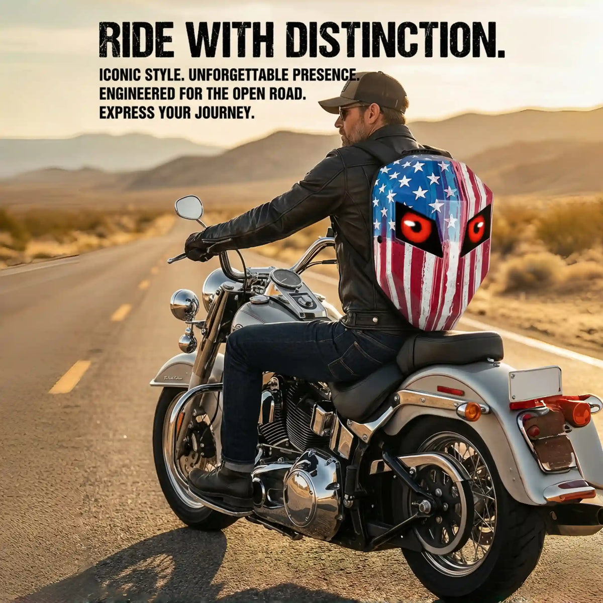 Motorcyclist riding on an open road wearing the Gelrova Knight Series LED motorcycle backpack in Patriot American flag design.