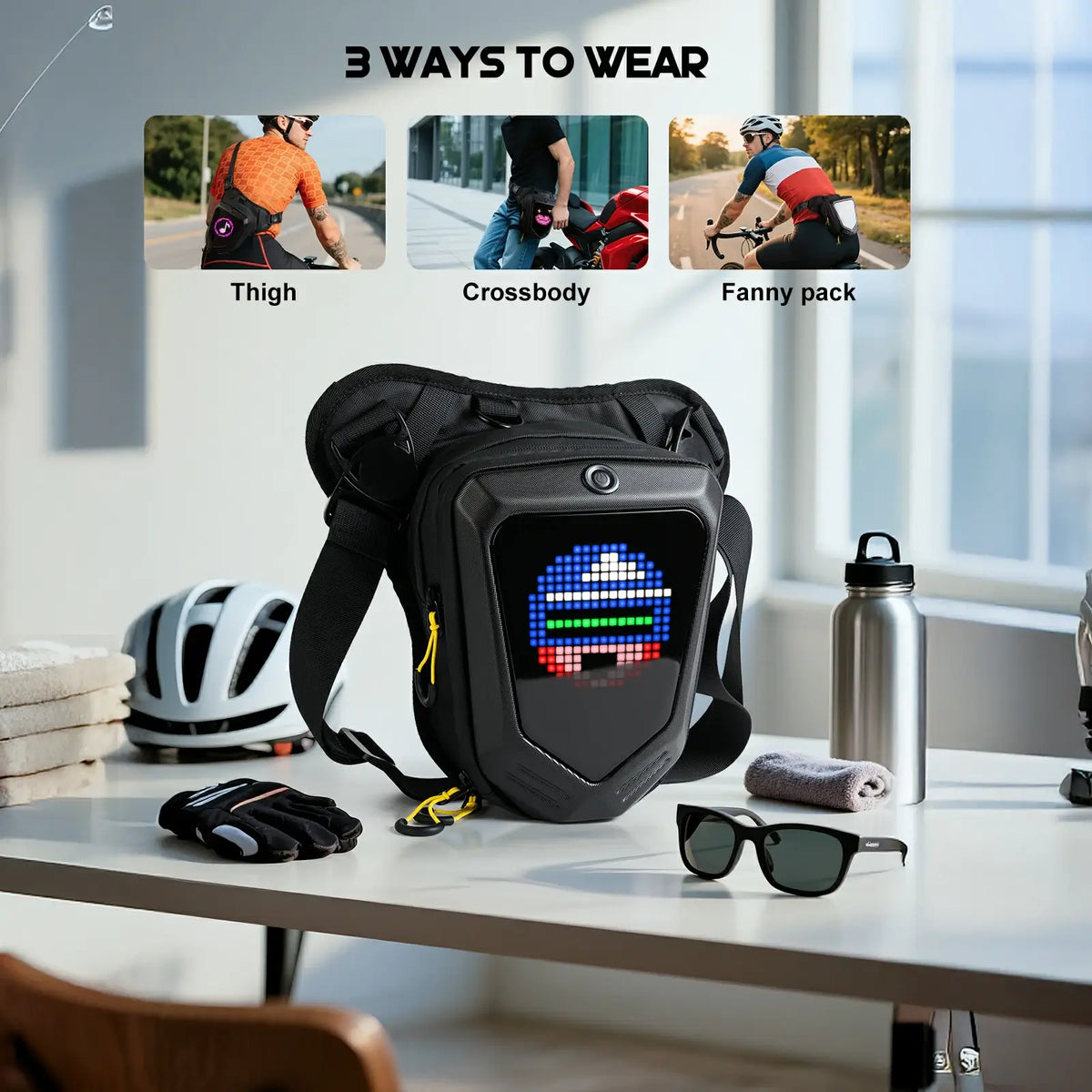 Gelrova LED Pixel Art Motorcycle Leg Bag showcasing different wearing styles: thigh, crossbody, and fanny pack.