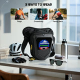 Gelrova LED Pixel Art Motorcycle Leg Bag showcasing different wearing styles: thigh, crossbody, and fanny pack.