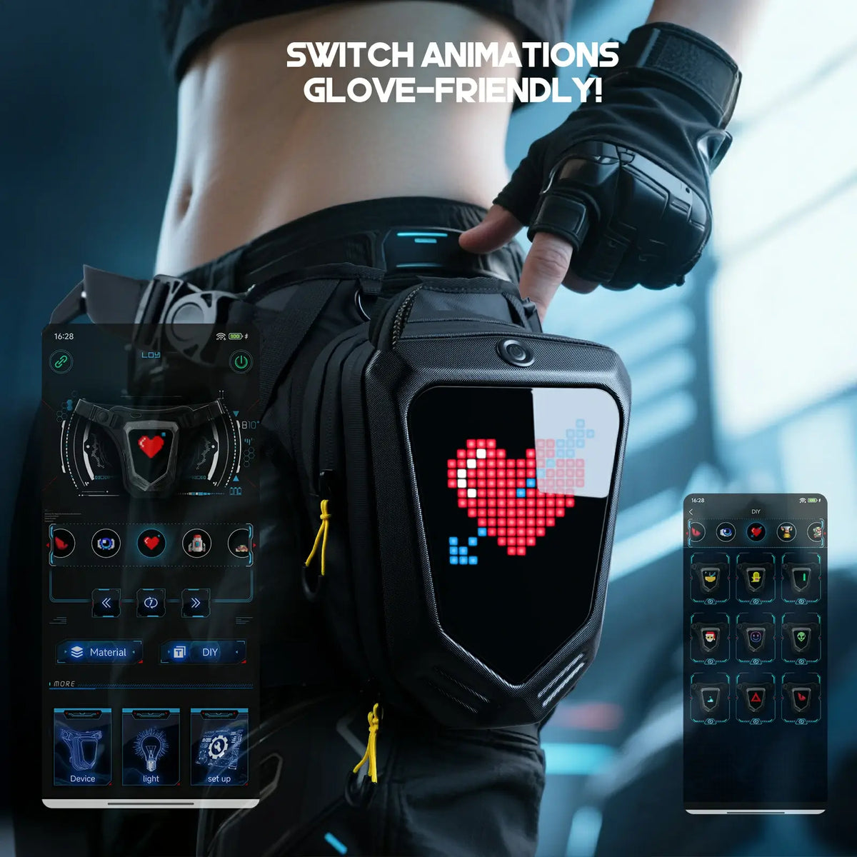 Gelrova LED Pixel Art Motorcycle Leg Bag with customizable LED display and animation controls.