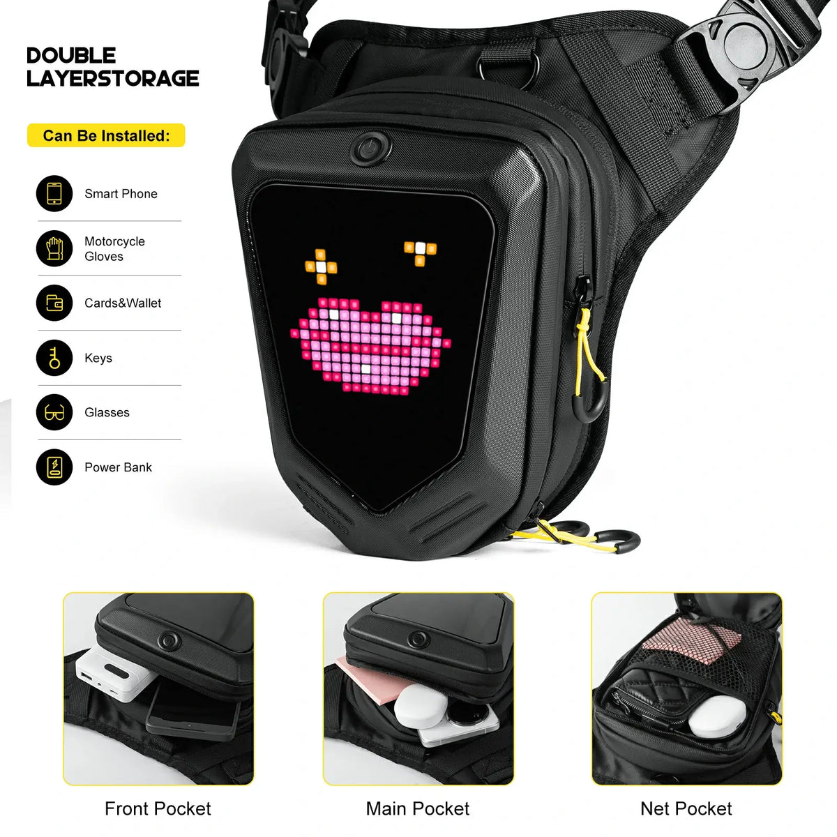 Gelrova LED Pixel Art Motorcycle Leg Bag showcasing customizable LED display and various storage pockets.