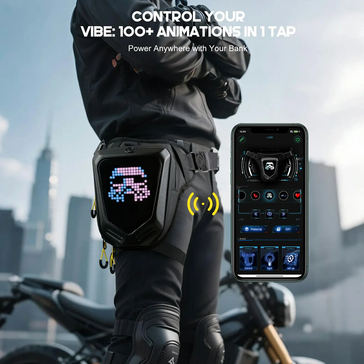 Gelrova LED Pixel Art Motorcycle Leg Bag showcasing customizable animations with smartphone control.