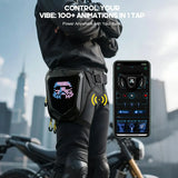 Gelrova LED Pixel Art Motorcycle Leg Bag showcasing customizable animations with smartphone control.