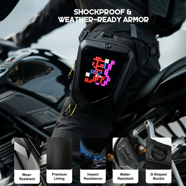Gelrova LED Pixel Art Motorcycle Leg Bag showcasing customizable LED display and rugged features.