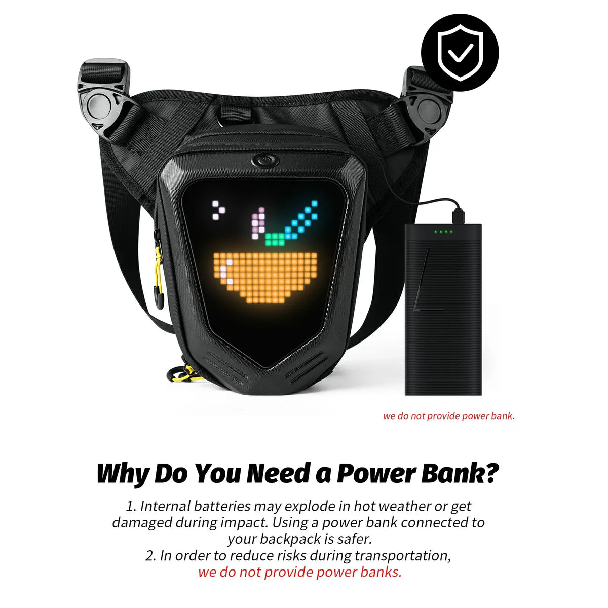 Gelrova LED Pixel Art Motorcycle Leg Bag with customizable LED display and power bank connection.