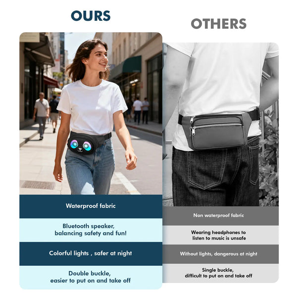 Comparison showing the Gelrova LED waist pack's advantages, including waterproof fabric, safe speaker listening, and night visibility lights, compared to a standard grey fanny pack.