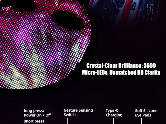 Close-up details of Gelrova light up face mask showing 3600 micro-LEDs, Type-C charging port, and soft silicone eye pads for comfort.