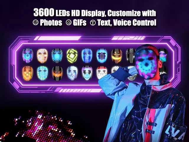 Cyberpunk model wearing Gelrova HD video light up mask featuring 3600 LEDs, custom GIFs, and voice control capabilities.