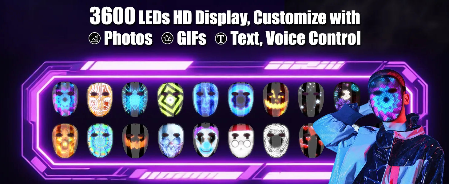Cyberpunk model wearing Gelrova HD video light up mask featuring 3600 LEDs, custom GIFs, and voice control capabilities.
