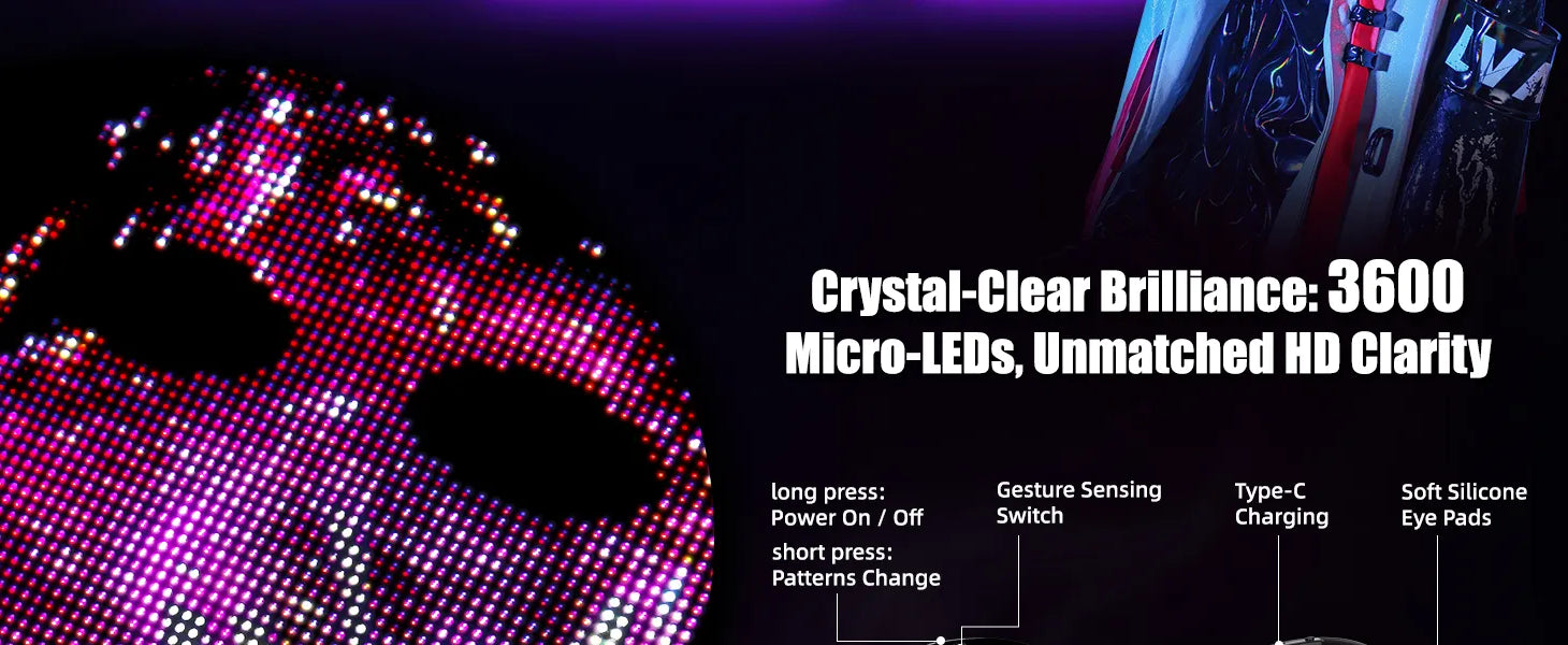 Close-up details of Gelrova light up face mask showing 3600 micro-LEDs, Type-C charging port, and soft silicone eye pads for comfort.