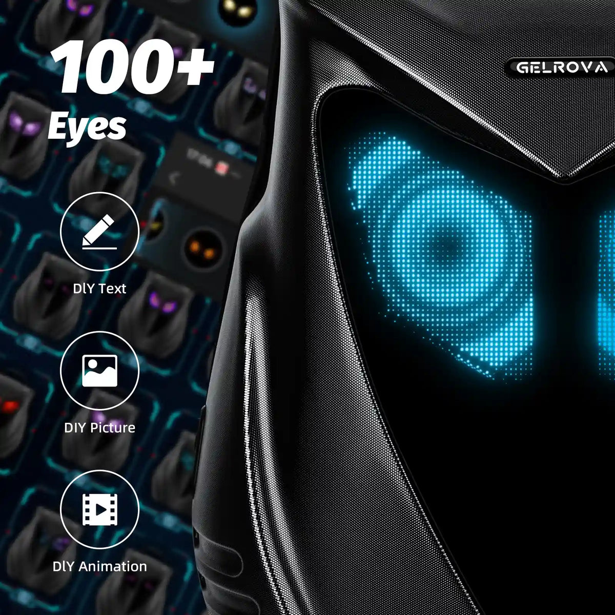 Close-up of Gelrova ABS+PC hard shell backpack featuring programmable LED display controlled by LOY EYES app for DIY text, pictures, and animations.