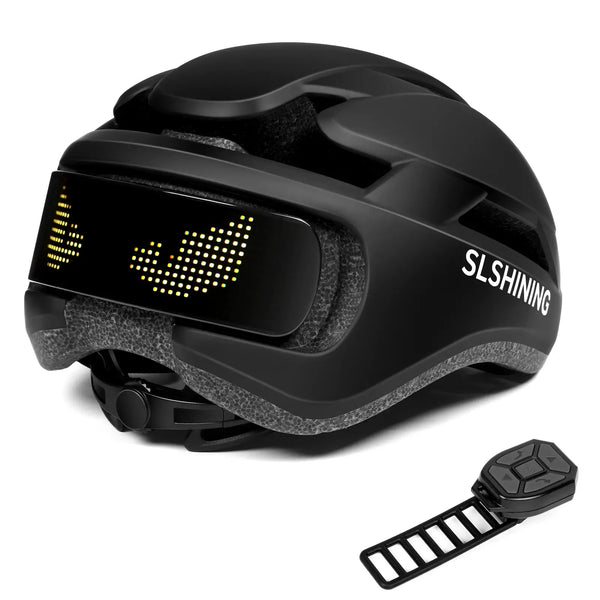 Black Gelrova programmable LED bike helmet featuring a custom pixel display and wireless handlebar remote.