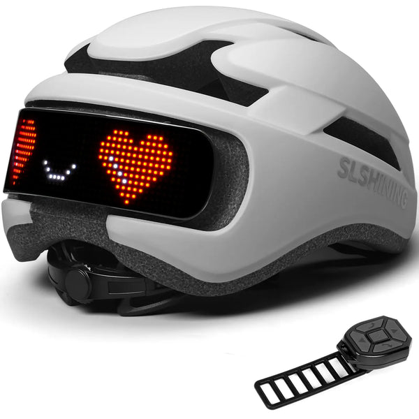  Gray Gelrova programmable LED cycling helmet showing a red pixel heart on the customizable screen.