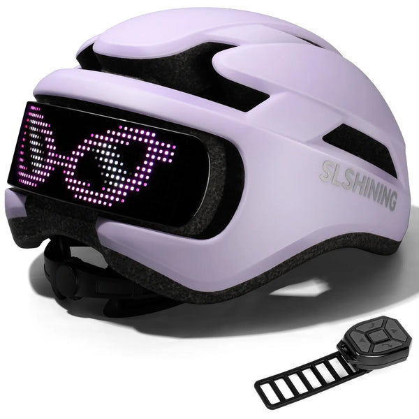 Purple Gelrova Bluetooth programmable LED bike helmet with a cool pixel glasses animation for teens.
