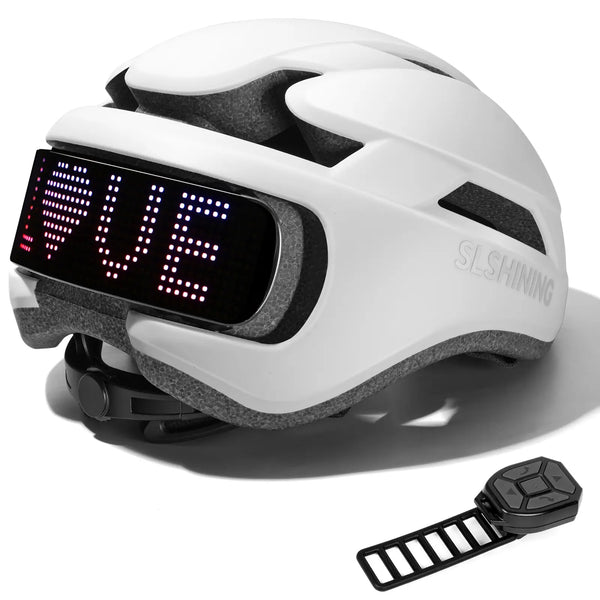 White Gelrova programmable LED bike helmet displaying LOVE text, designed for safe and customized urban riding.