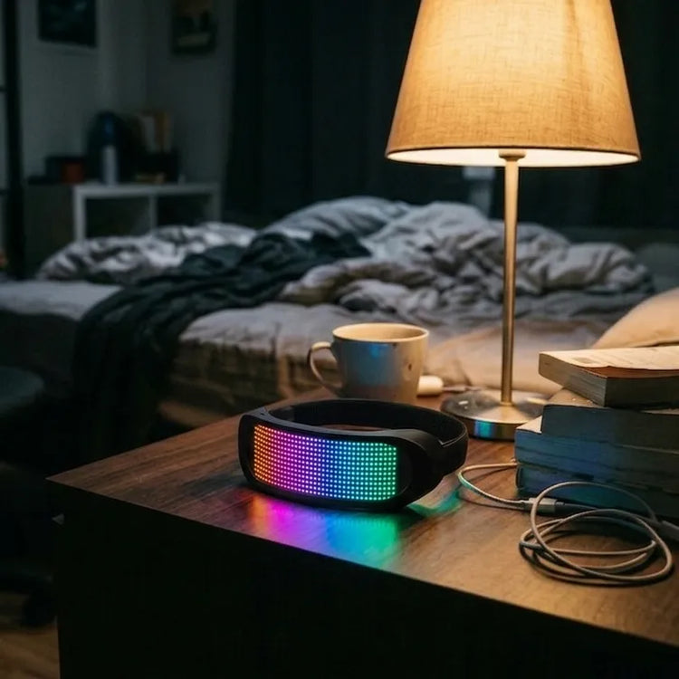 A pair of Gelrova programmable LED glasses showing a vibrant rainbow pixel display, placed on a wooden bedside table next to a lamp.