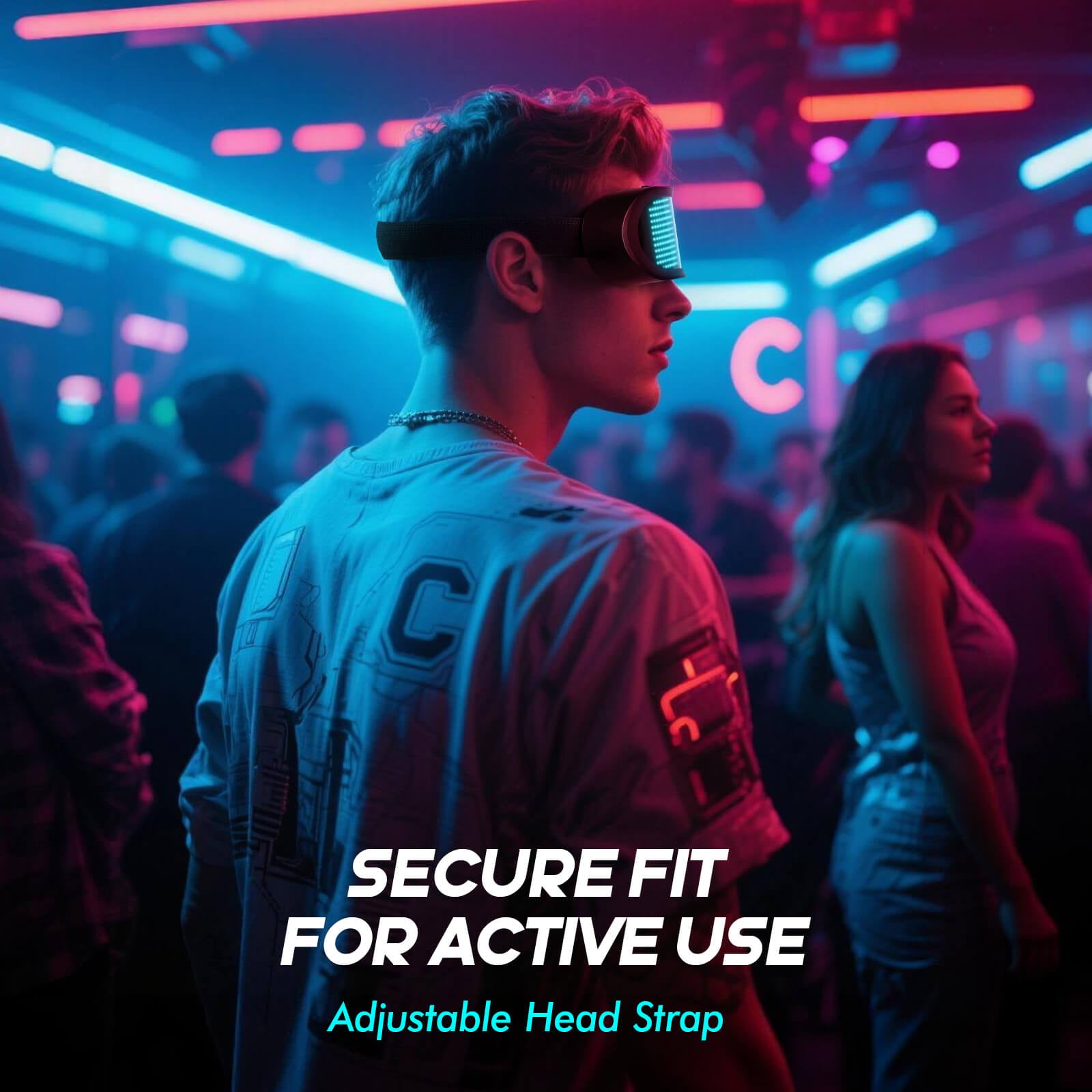 Side view of Gelrova programmable LED glasses featuring an adjustable head strap for a secure fit during dancing and active use.