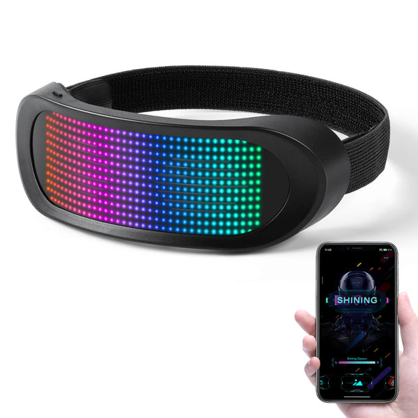 Studio shot of Gelrova programmable RGB LED glasses displaying a full-color rainbow spectrum, shown with a smartphone running the control app.