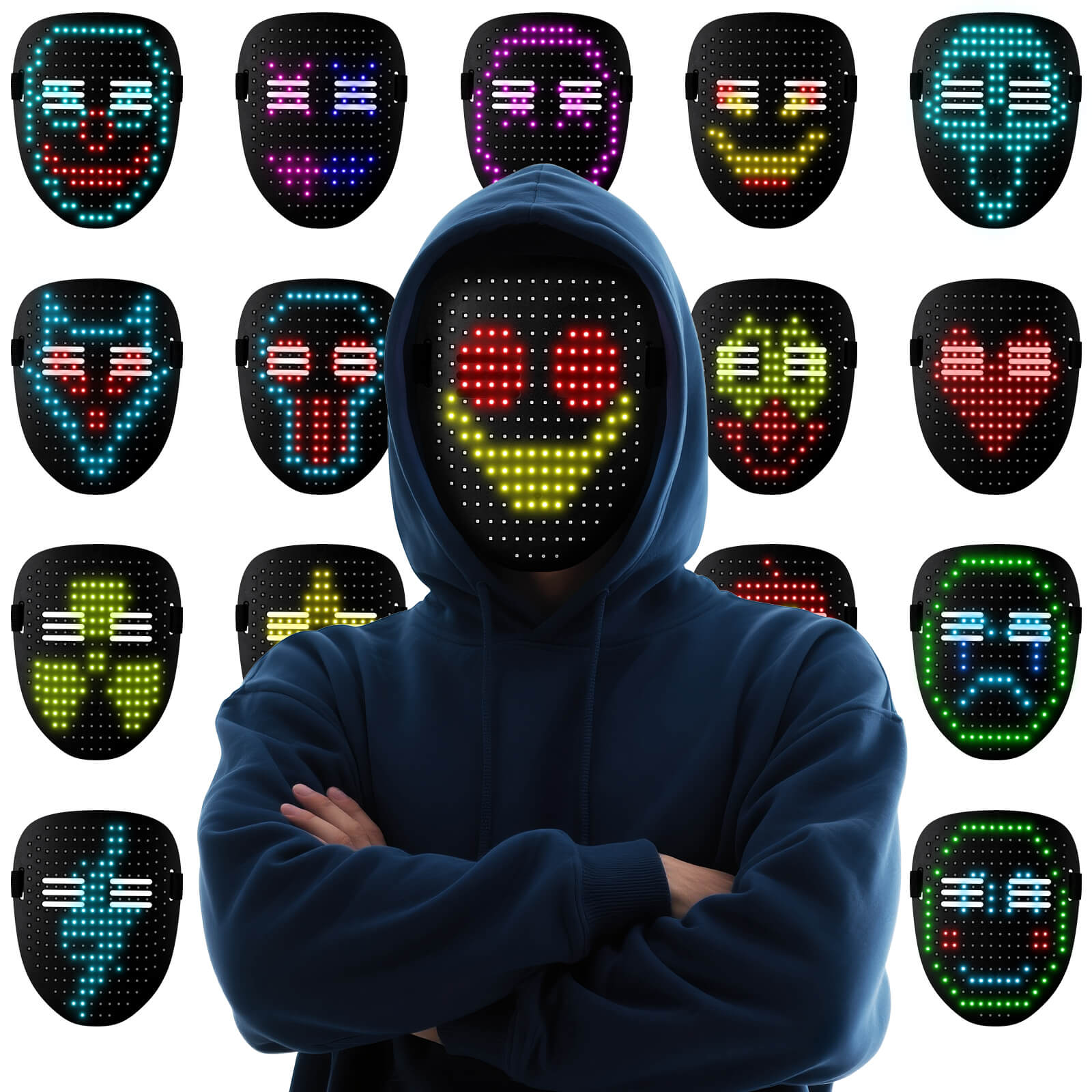 Gelrova Rave™ - Gesture Control Light Up Mask displayed in various animated expressions on a model.