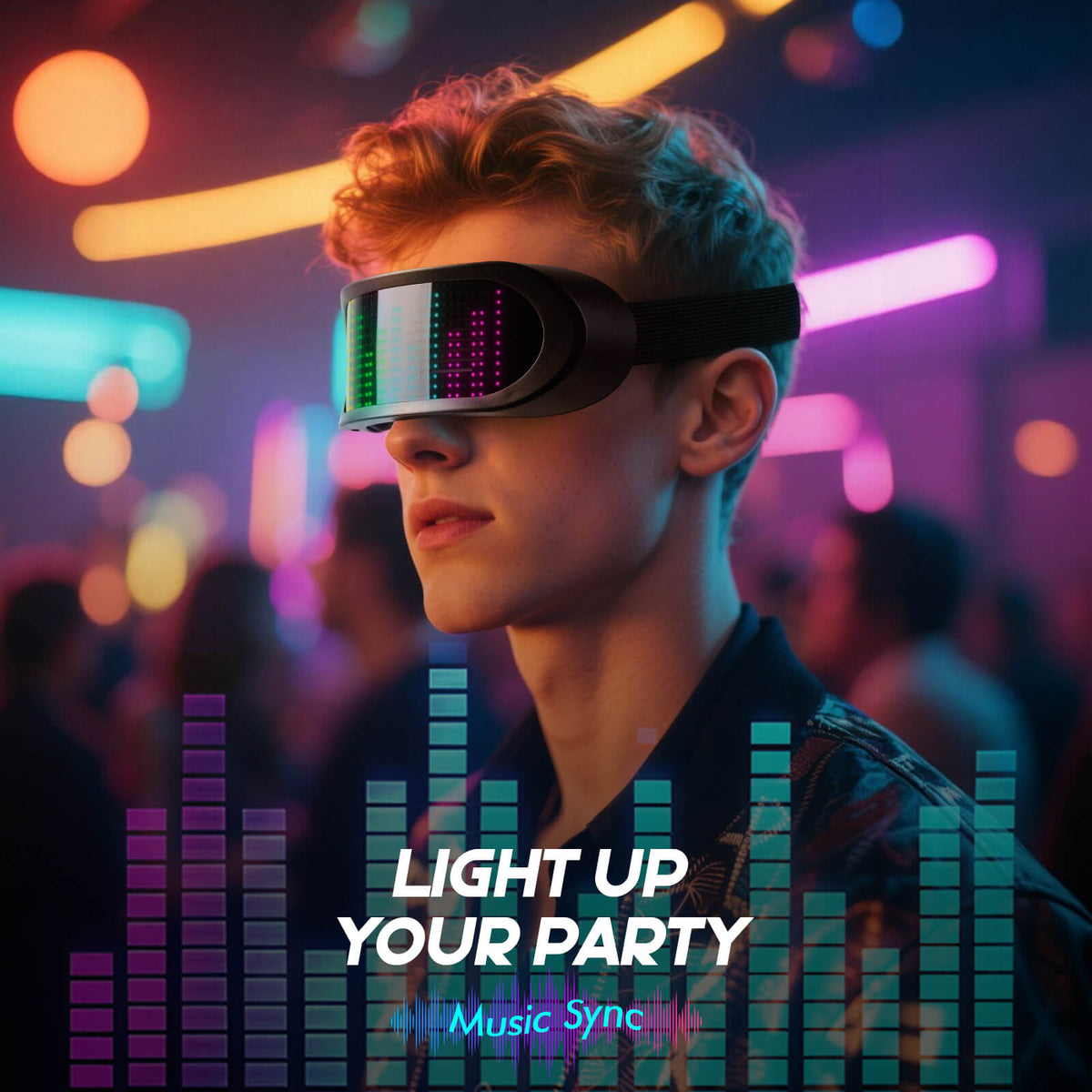 Man wearing Gelrova RGB LED glasses in music sync mode. The full-color display reacts to sound, perfect for EDM festivals and raves.