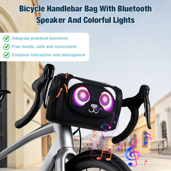 Gelrova smart bike handlebar bag with built-in Bluetooth speaker and rhythm LED lights playing music on a bicycle.
