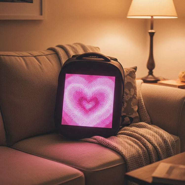 A cozy lifestyle shot of the Gelrova T3 LED backpack resting on a sofa, featuring a bright pink pixel art heart illuminated on its digital screen.