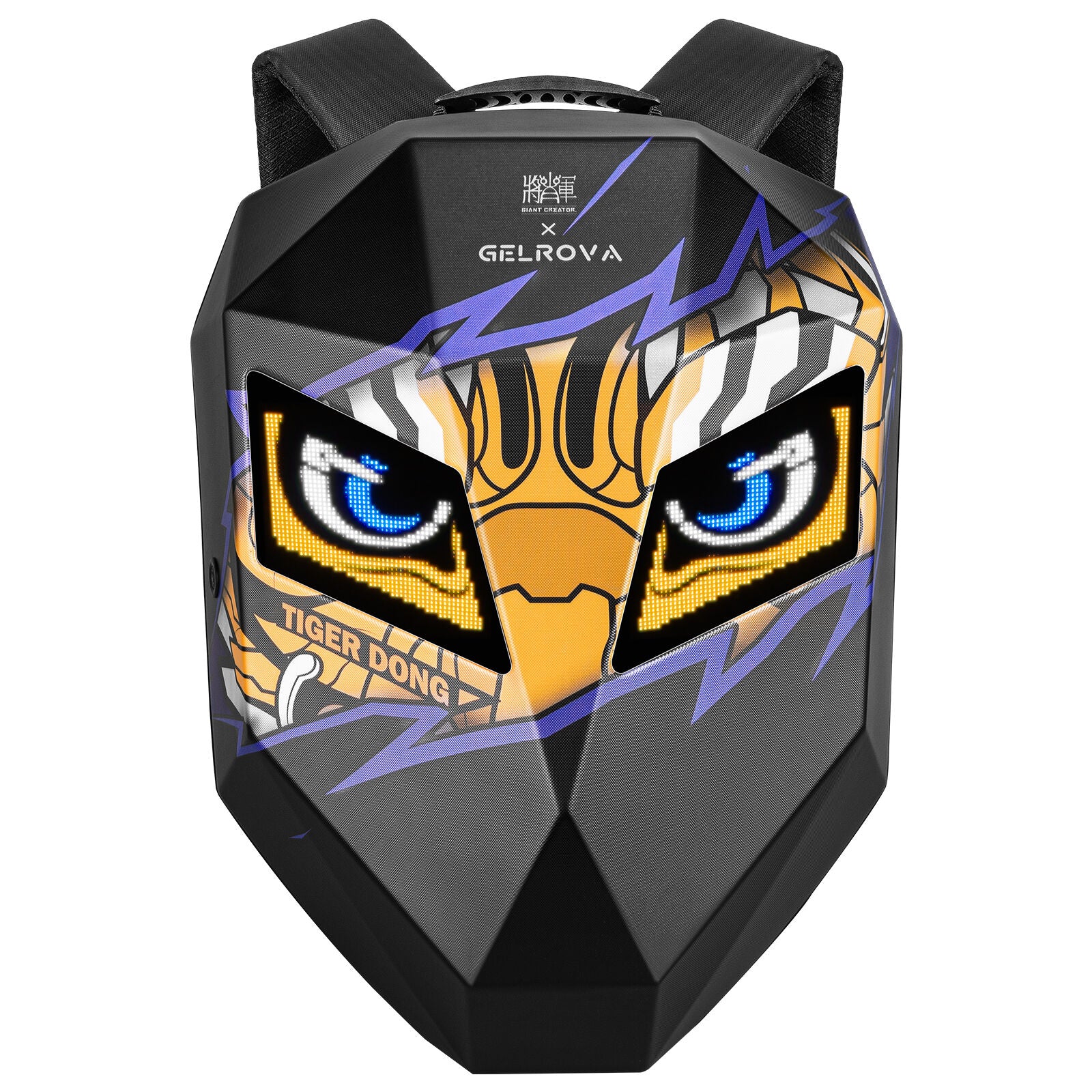 Clean front view of the Gelrova Tiger Dong LED motorcycle backpack showcasing its aerodynamic hard-shell and bright digital tiger eyes.