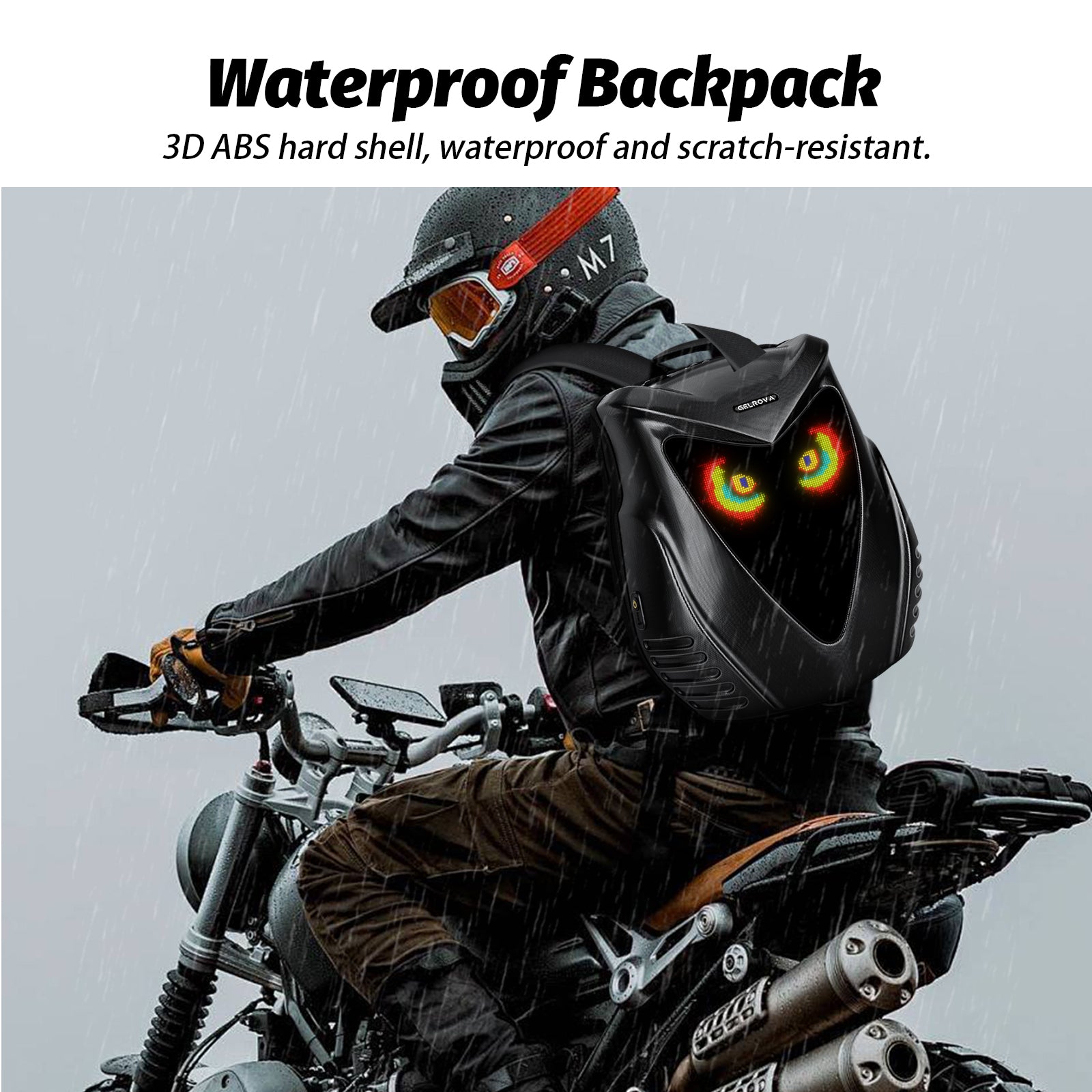 Gelrova waterproof motorcycle backpack with 3D ABS scratch-resistant shell worn by an ADV off-road rider in heavy rain.