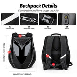 Gelrova waterproof motorcycle backpack details showing dimensions (43x37cm), high-quality waterproof zipper, and comfortable chest buckle.
