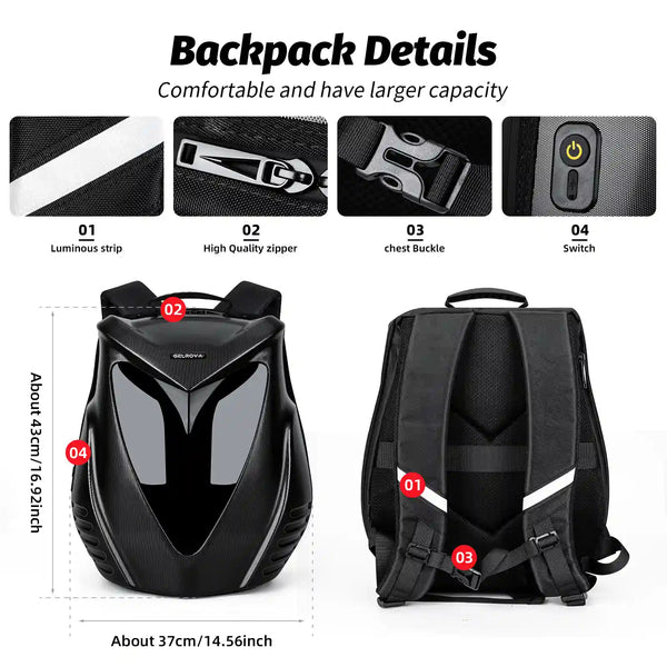 Gelrova waterproof motorcycle backpack details showing dimensions (43x37cm), high-quality waterproof zipper, and comfortable chest buckle.