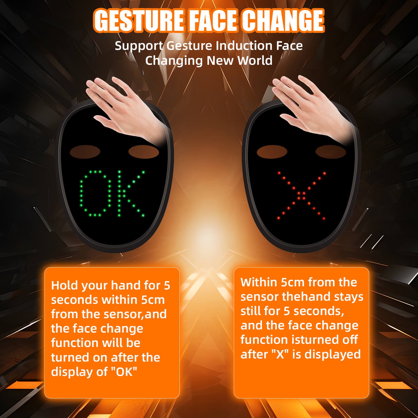 Gesture Control features of Gelrova Light Up Mask for Kids, showing face change functionality with sensor interaction.