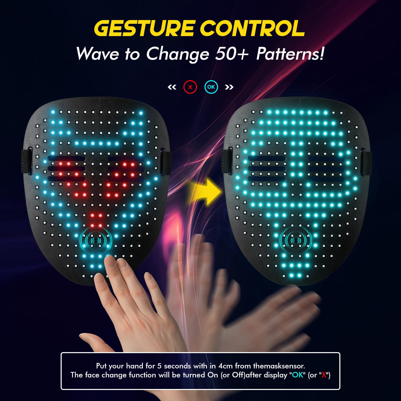 Gelrova Rave™ - Gesture Control Light Up Mask displaying gesture control feature with hands waving to change patterns.