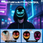 Gelrova Programmable Edition Light Up Mask showing gesture and button control features for instant pattern switching.