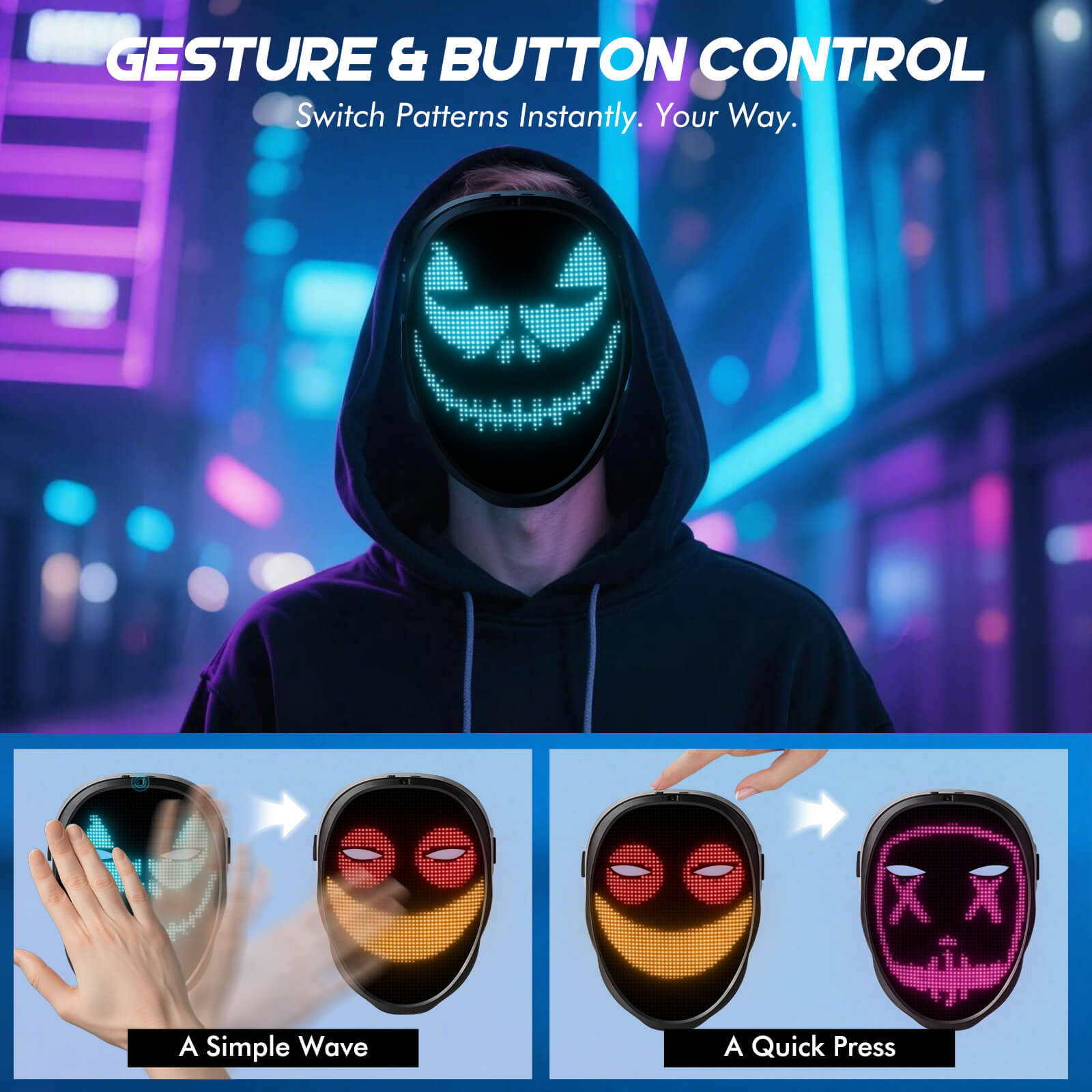 Gelrova Programmable Edition Light Up Mask showing gesture and button control features for instant pattern switching.
