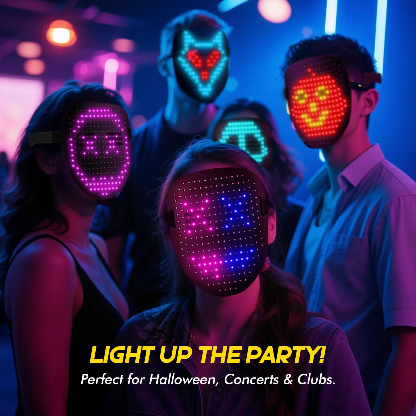 Group of people wearing Gelrova Rave™ - Gesture Control Light Up Mask at a party, showcasing vibrant LED designs.