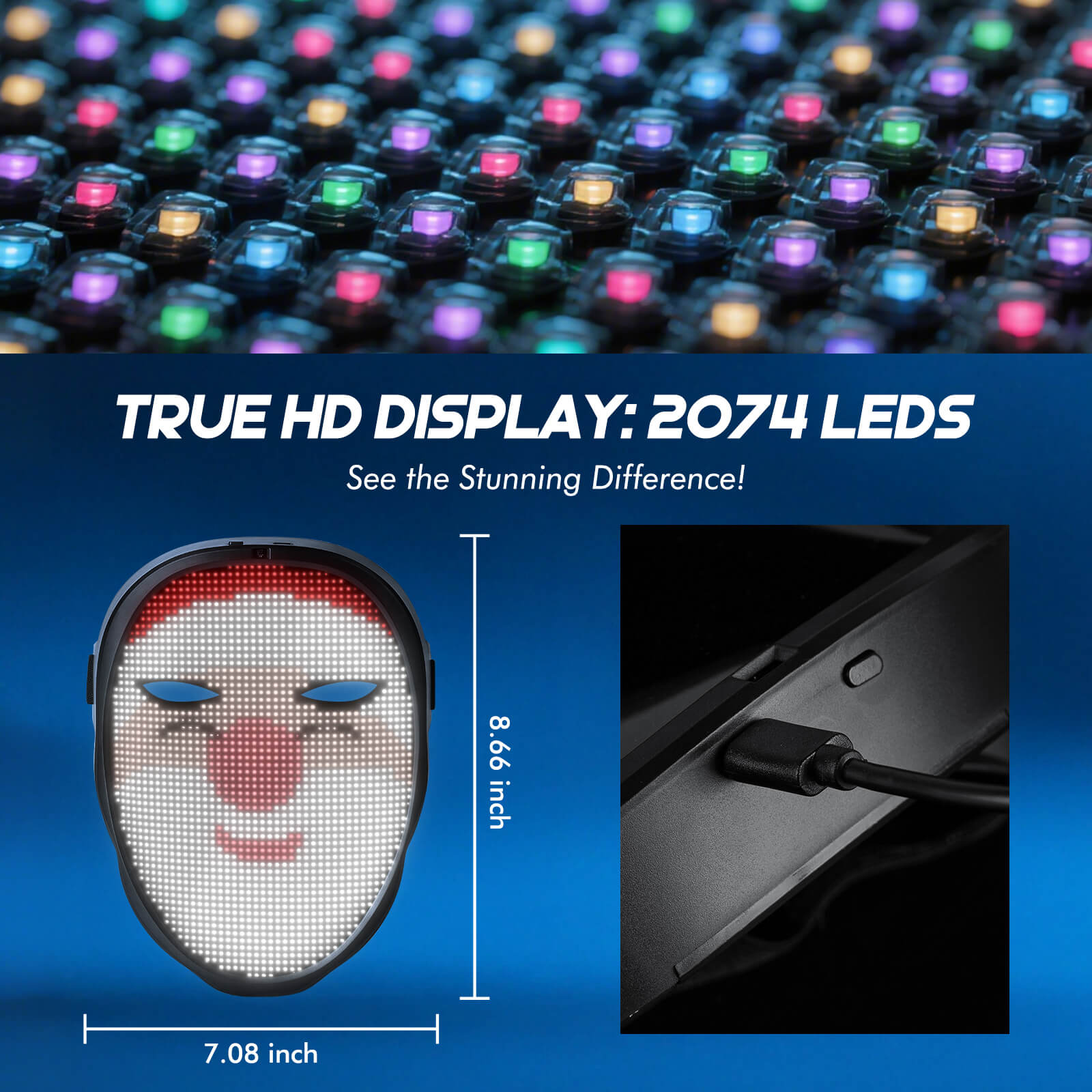 Gelrova Programmable Edition Light Up Mask with true HD display and 2074 LEDs showcasing vibrant colors.