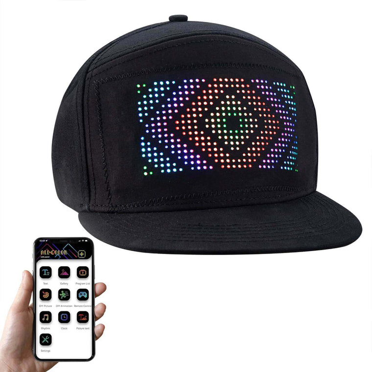 Gelrova LED hat with colorful light display, paired with an iPixel Color mobile app for customization.