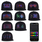 Gelrova LED hat designs showcasing customizable text animations via mobile app control.