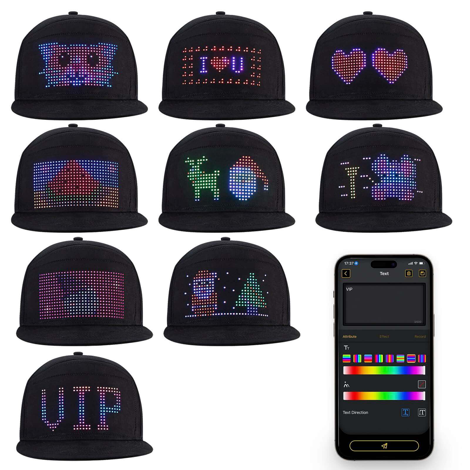 Gelrova LED hat designs showcasing customizable text animations via mobile app control.