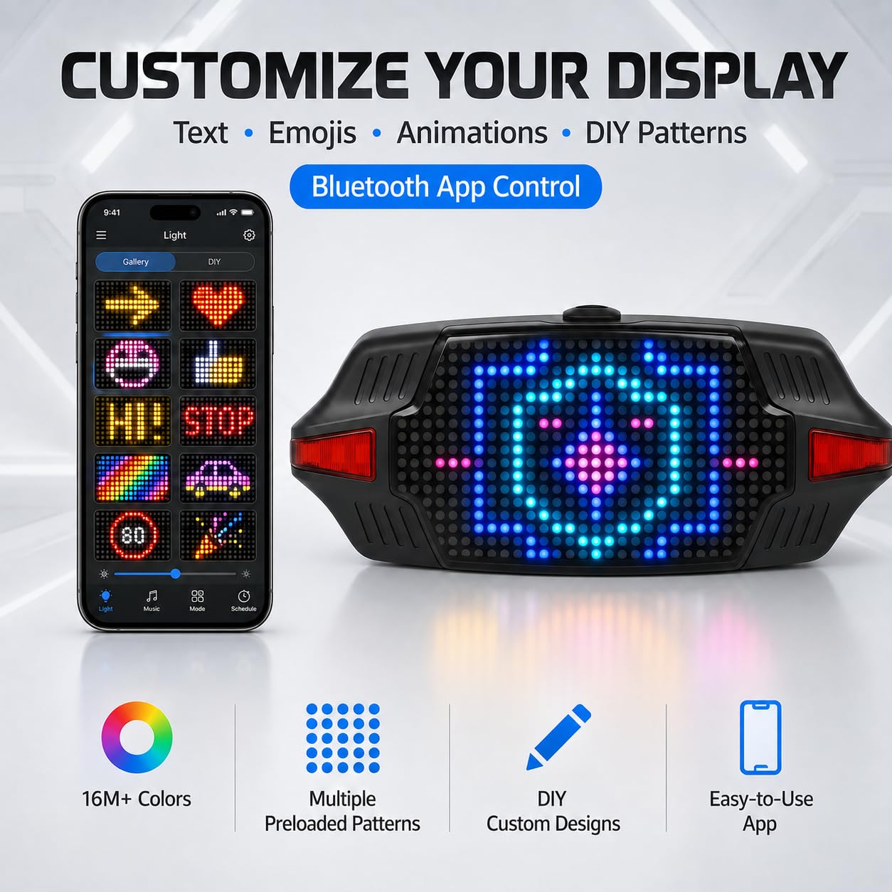 Smart Bike Tail Light with Remote Control, Brake Sensing Turn Signals, Bluetooth App DIY LED Matrix Display, USB-C Rechargeable Bicycle Rear Light for Night Riding, Road Cycling, Mountain Bike