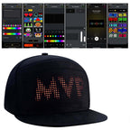 Gelrova LED hat displaying customizable text via iPixel mobile app with animations and colorful patterns.