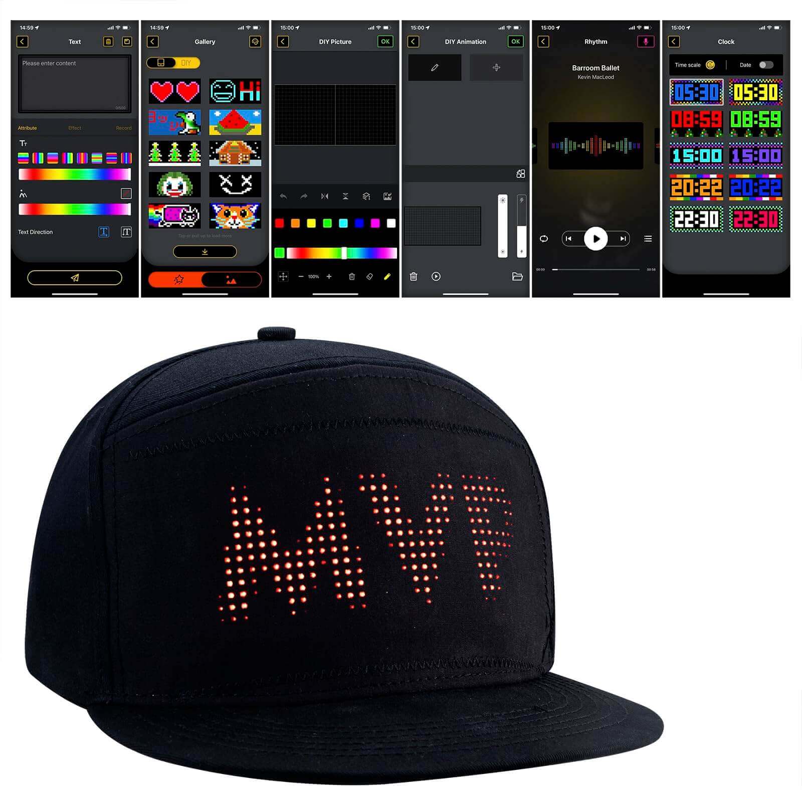Gelrova LED hat displaying customizable text via iPixel mobile app with animations and colorful patterns.
