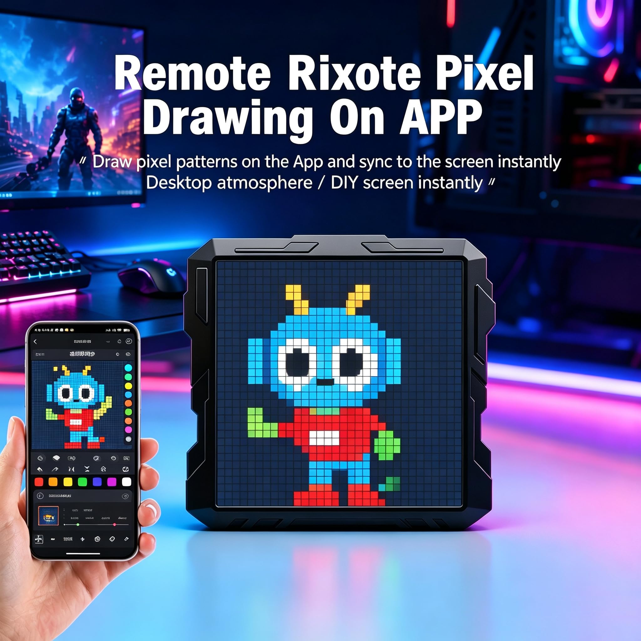 Pixel Art Display, 32x32 LED Display Digital Picture Frame with App Control & Bluetooth, Programmable Animation Alarm Clock Desk Decor for Gaming Room