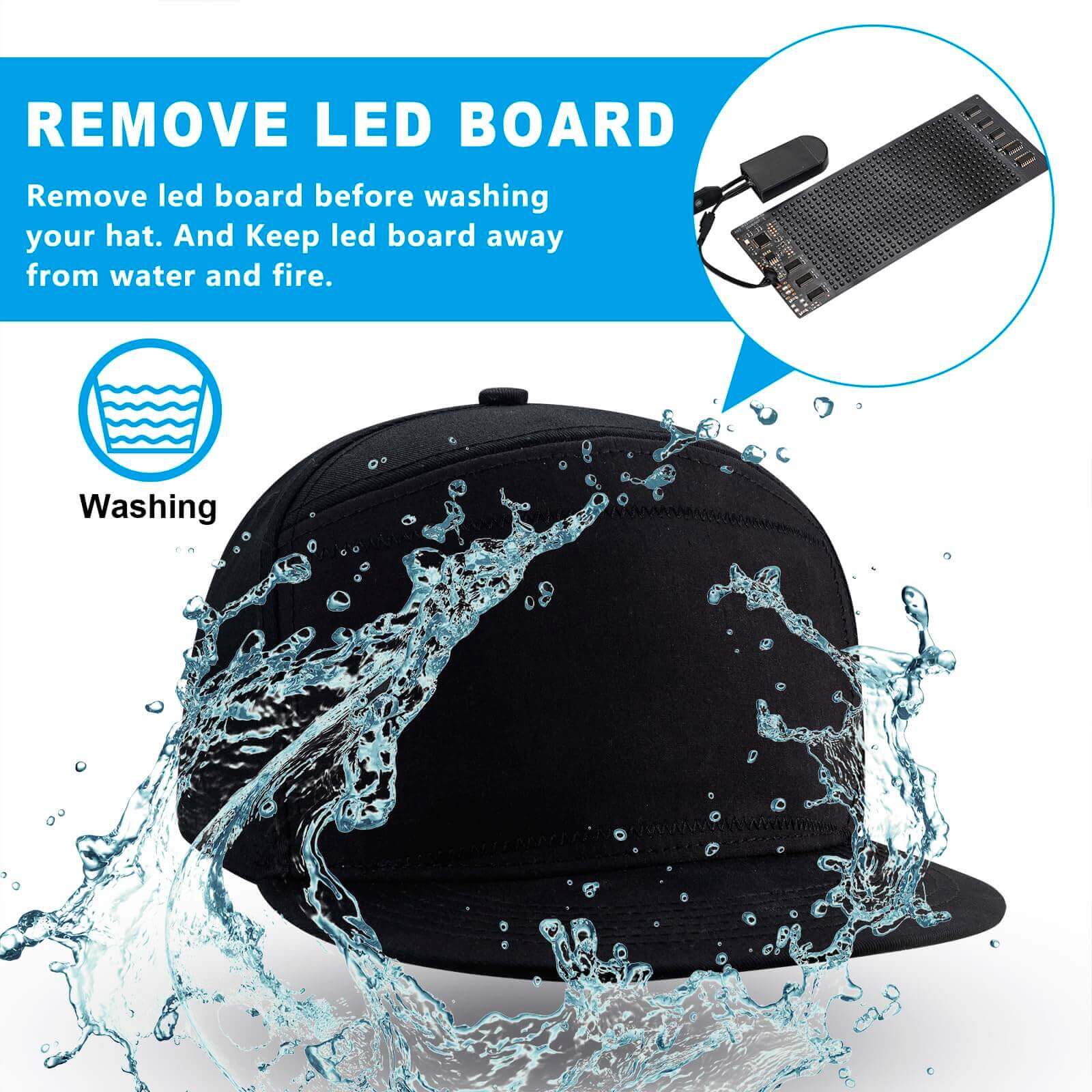 Gelrova LED Hat care instructions, showing waterproof washing reminder and LED board removal for maintenance.