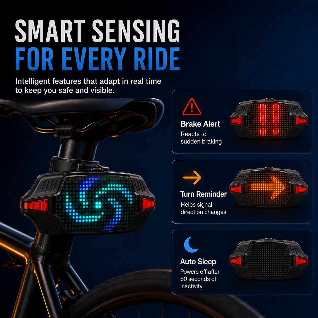 Smart Bike Tail Light with Remote Control, Brake Sensing Turn Signals, Bluetooth App DIY LED Matrix Display, USB-C Rechargeable Bicycle Rear Light for Night Riding, Road Cycling, Mountain Bike