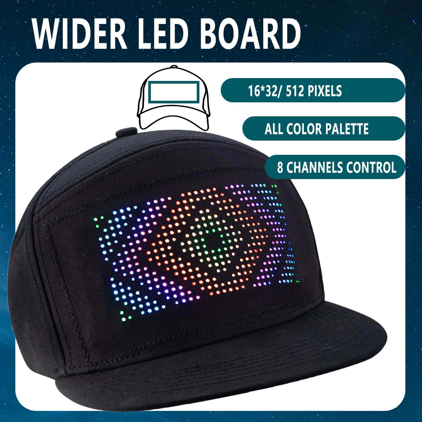 Gelrova LED hat featuring a wide LED board with 512 pixels, customizable colors, and 8 channels control.